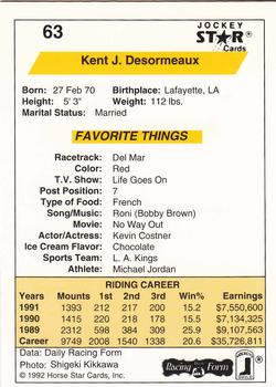 1992 Jockey Star #63 Kent J. Desormeaux Back